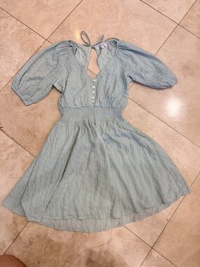 Light Blue Smocked Waist Dress with Puff Sleeves